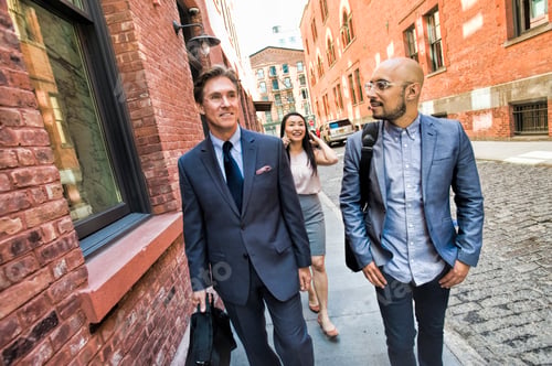 Preview: Business men and women walking together in street, smiling