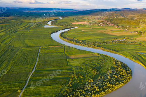 Preview: Aerial view of the Somesul river shore in summer, Dej, Romania
