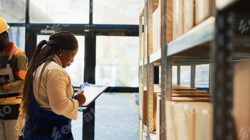 Preview: African american woman checking products on racks