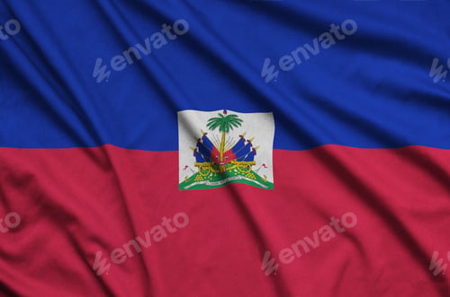 Preview: Haiti flag is depicted on a sports cloth fabric with many folds. Sport team waving banner