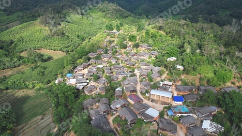 Preview: Aerial view from drone of the rural village and rice terraces in the mountains