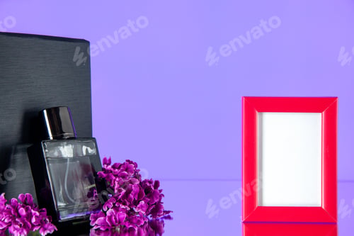 Preview: front view black fragnance with pink picture frame on light background portrait gift scent present