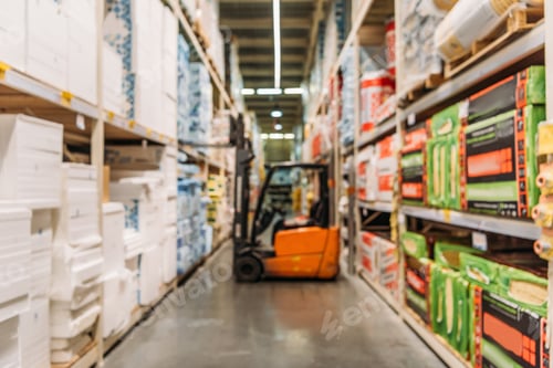 Preview: blurred view of forklift machine and shelves with boxes in storage