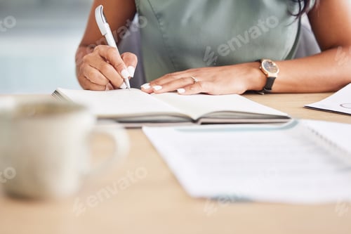Preview: Hands, writing in notebook and planning for startup company, proposal and schedule. African America