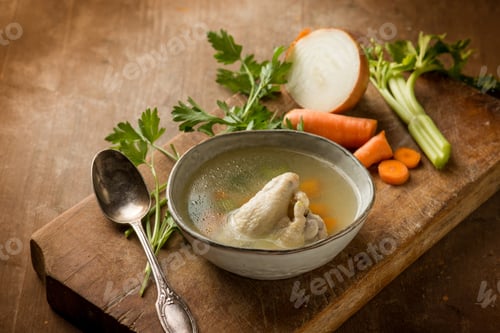 Preview: chicken soup witn ingredients over cutting board
