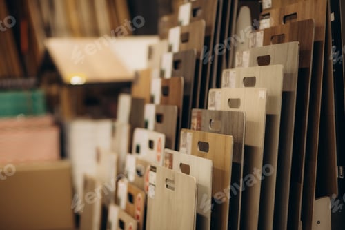 Preview: Sample of wood chipboard. Wooden laminate veneer material for interior architecture and construction