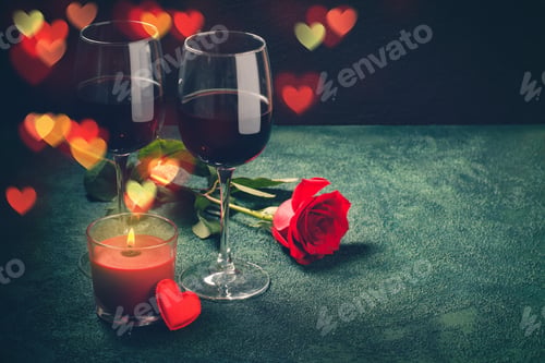 Preview: Valentines day greeting card concept. Wine glasses, rose and can