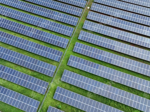 Preview: Aerial view of solar farm. Sustainable renewable energy and modern photovoltaic technology for eco