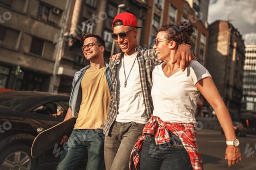 Preview: Group of friends hangout at the city street.
