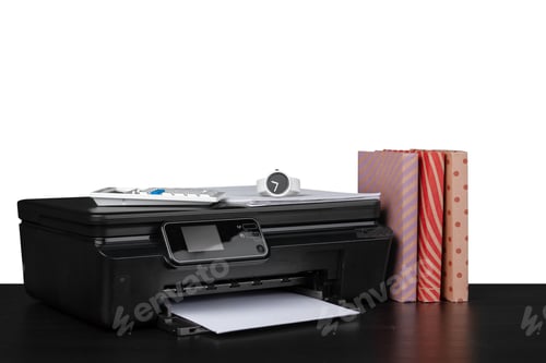 Preview: Printer and stack of books on black table against white background