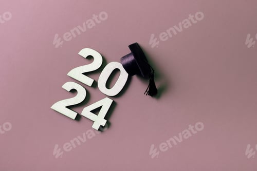 Preview: Wooden number 2024 with graduation cap. Class of 2024 concept