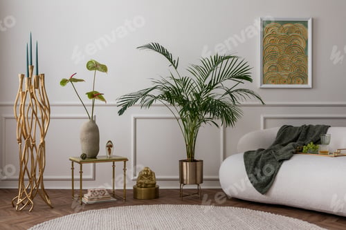 Preview: Art deco style of living room interior with white sofa and personal accessories. Home decor Template