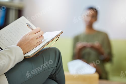 Preview: Therapy, therapist notebook and woman listening, help and support of mental health problem and writ