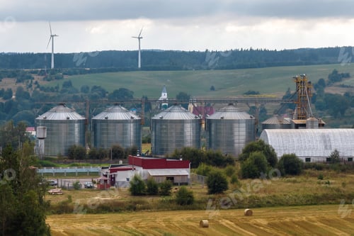 Preview: aerial view on agro-industrial complex with silos and grain drying line
