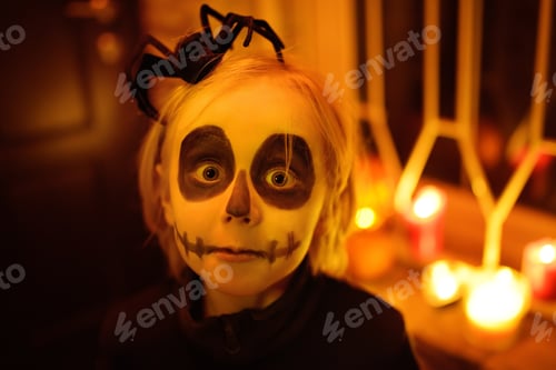 Preview: Little child in scary skeleton costume at Halloween celebration party.