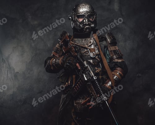 Preview: Apocalyptic armoured hunter with riffle in dark background