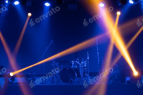 Preview: Empty stage concert with lighting laser beam spotlight show in disco pub club bar for party music