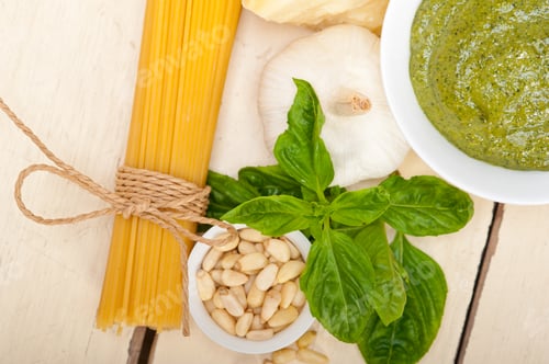 Preview: Italian traditional basil pesto pasta ingredients