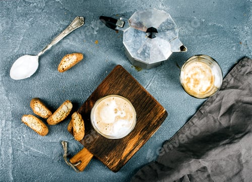 Preview: Glasses of coffee with ice cream on rustic wooden board, steel Italian Moka pot