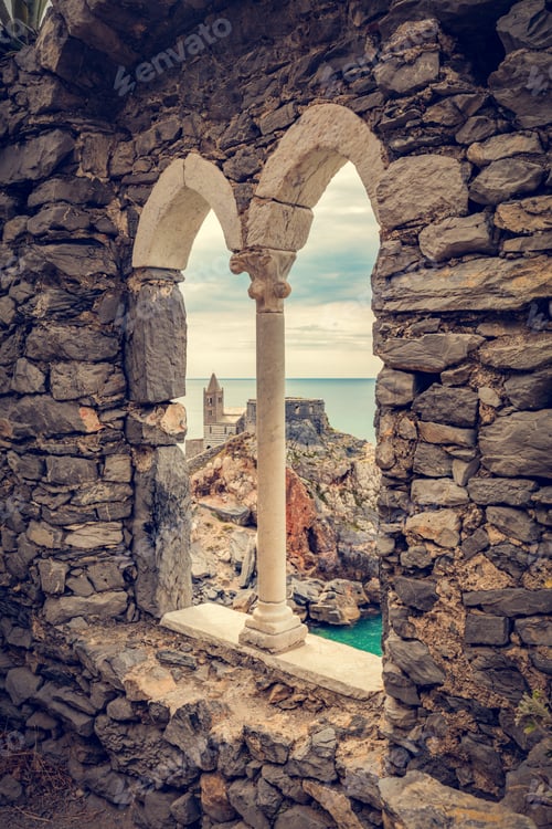Preview: Porto Venere, Italy with church of St. Peter seen from ancient window