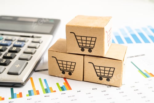 Preview: Shopping cart logo on box on graph background.