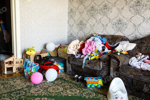 Preview: A mess in the room. A lot of things are lying around the apartment. House is in the room