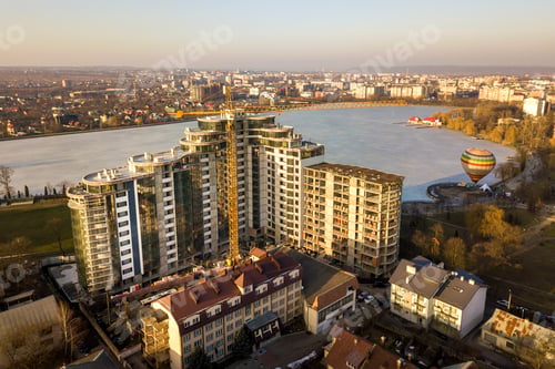Preview: Apartment or office tall building under construction, top view.