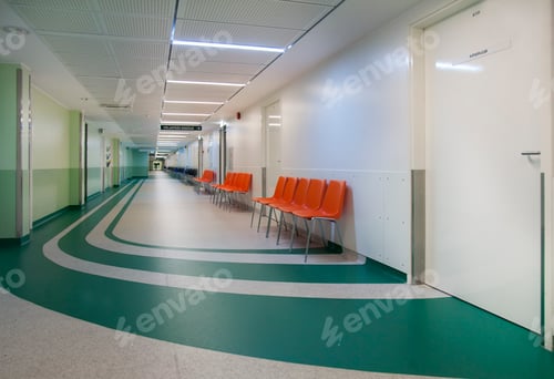 Preview: Corridor and waiting areas of a modern hospital with seating