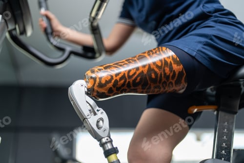 Preview: Asian woman with prosthetic leg working out on exercise bike at the gym