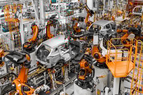 Preview: Automobile production line. Welding car body. Modern car assembly plant. Top view