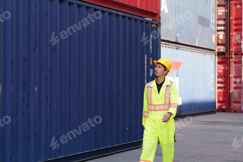 Preview: Warehouse worker inspecting cargo containers in bustling shipping yard during daytime hours