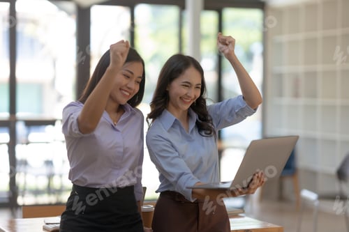 Preview: Two Asian businesswoman is excited and delighted achieved goal with laptop computer at office.