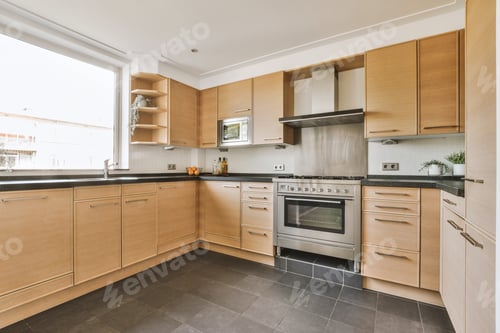 Preview: Studio apartment interior with wooden furniture