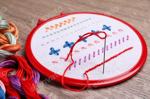 Preview: Embroidery hoop with fabric, needle and colorful floss set on wooden table, closeup