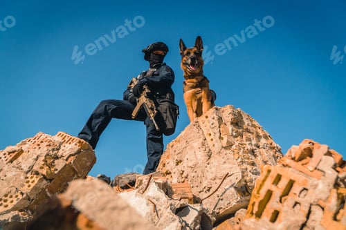 Preview: Cynologist. A Man In Military Clothes With A Trained Sheepdog