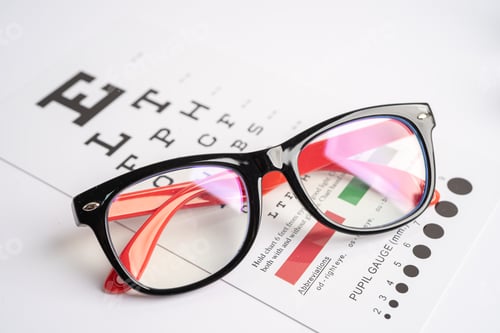 Preview: Glasses on eye testing exam chart to check eyesight accuracy of reading.