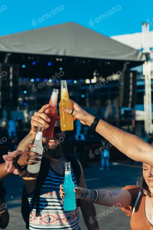 Preview: Group of friends drinking cocktails and having fun at music festival
