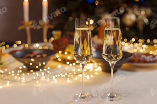 Visualização: mãos com taças de champanhe em close-up no fundo de uma mesa festiva de Natal