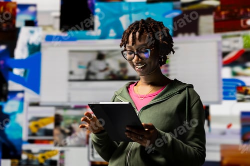 Preview: Smiling woman engaging with multimedia dashboards using tablet