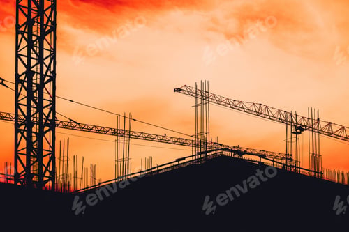 Preview: Construction site building scaffold and cranes in silhouette