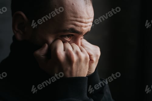 Preview: close up, sad bearded Man Looking Of Window