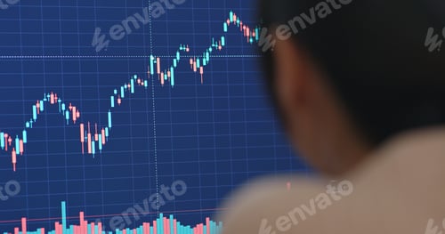 Preview: Woman work on computer with stock market at home