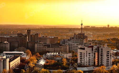Preview: Aerial view of sun rises over summer European city