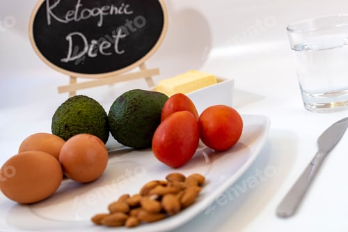 Preview: Concept of ketogenic diet. Poster on top of a food service.