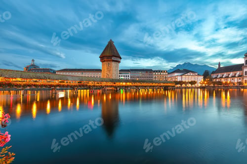 Preview: Breathtaking historic city center of Lucerne with famous buildings and old wooden Chapel Bridge