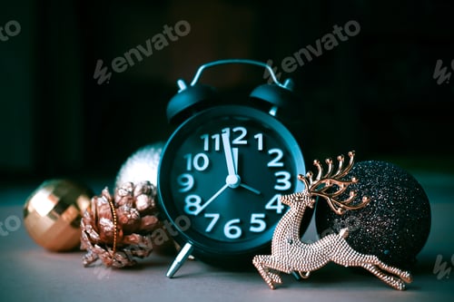 Preview: Christmas Decoration, Light Bokeh And Alarm Clock For Christmas And New Year Concept Background
