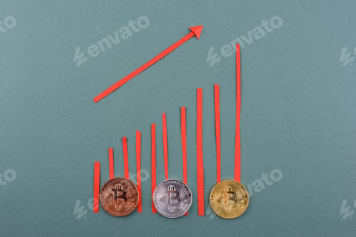 Preview: Bitcoin coins. Cryptocurrency growth and fall schedule