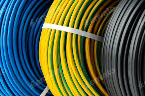 Preview: Three Rolls of Electrical Wire in Blue, Yellow and Green, and Black Colors
