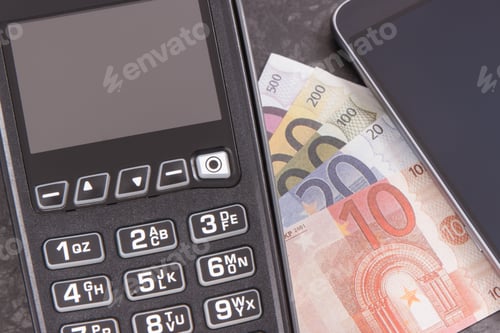 Preview: Credit card reader, mobile phone with NFC technology and curriencies euro