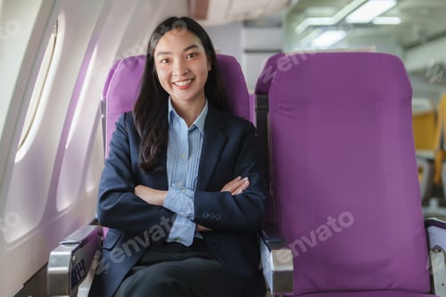 Preview: Smiling businesswoman sitting comfortably on airplane seat during flight
